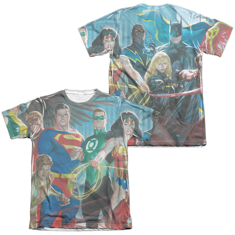 Jla/league Of Heroes (front/back Print)-adult Poly/cotton S/s Tee-white