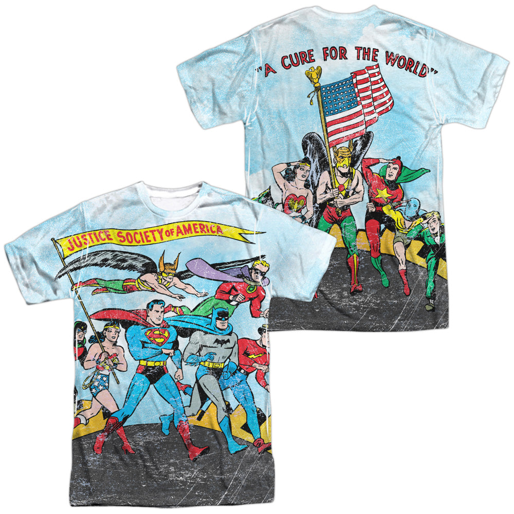 Jla/world Cure (front/back Print)-s/s Adult Poly Crew-white