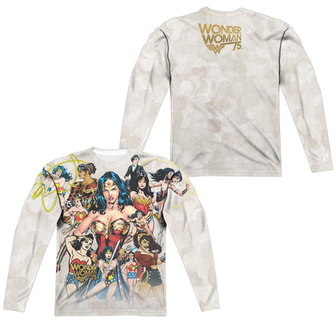 Wonder Woman/75th Collage (front/back Print)-l/s Adult Poly Crew -white