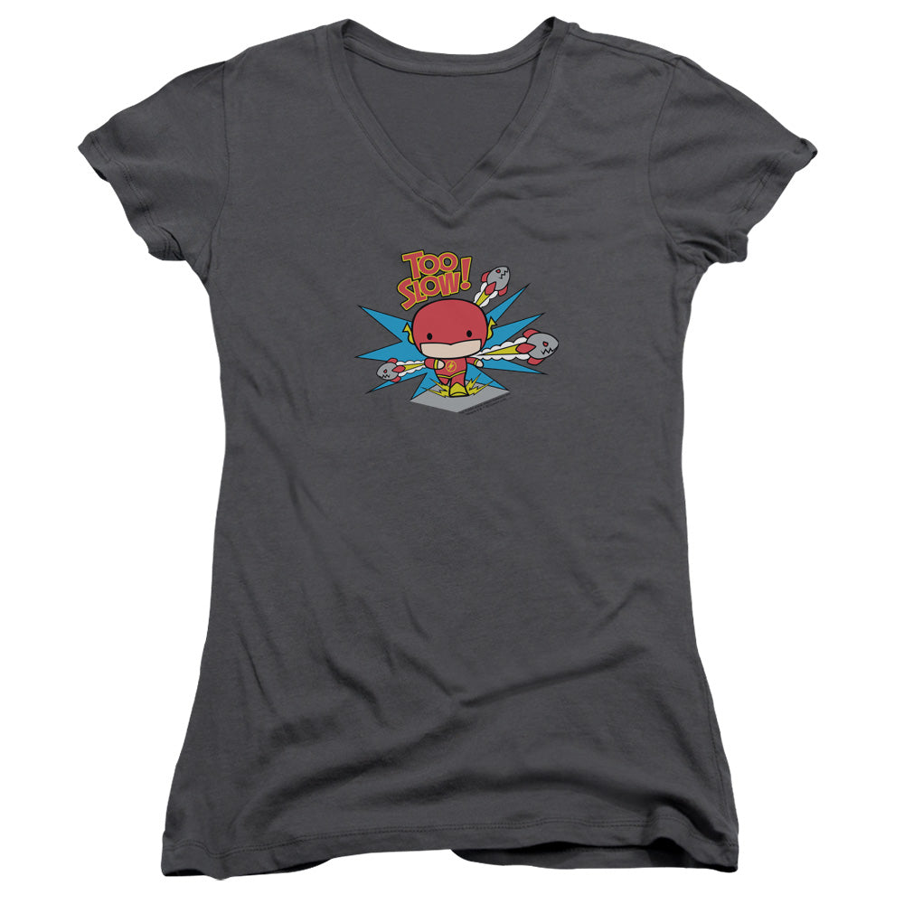 Dc Flash/too Slow-junior V-neck-charcoal