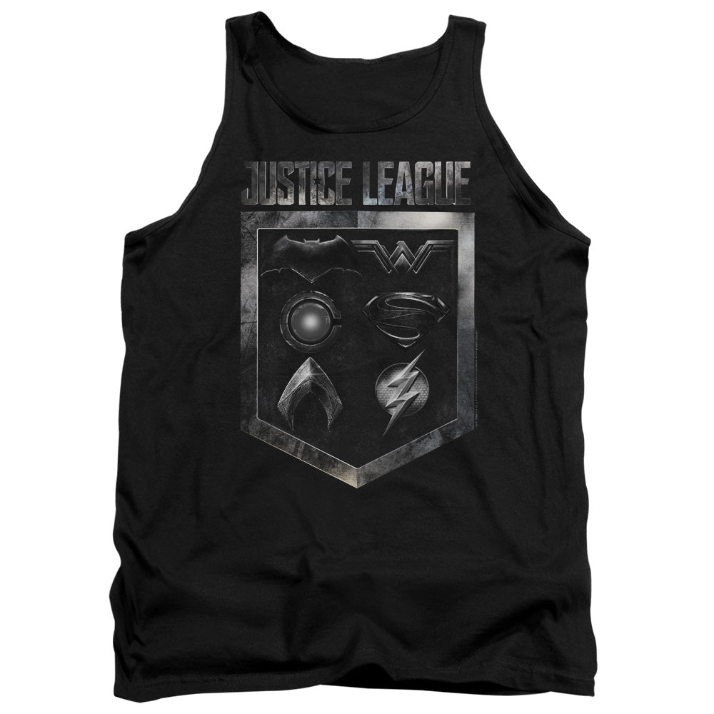 Justice League Movie/shield Of Emblems-adult Tank-black
