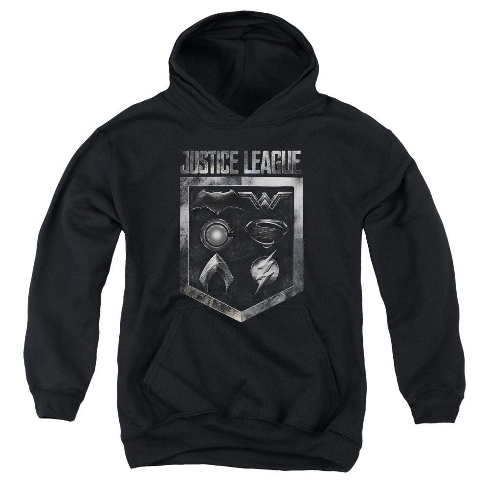 Justice League Movie/shield Of Emblems-youth Pull-over Hoodie-black