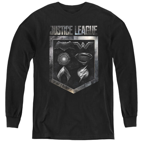 Justice League Movie/shield Of Emblems-youth Long Sleeve Tee-black