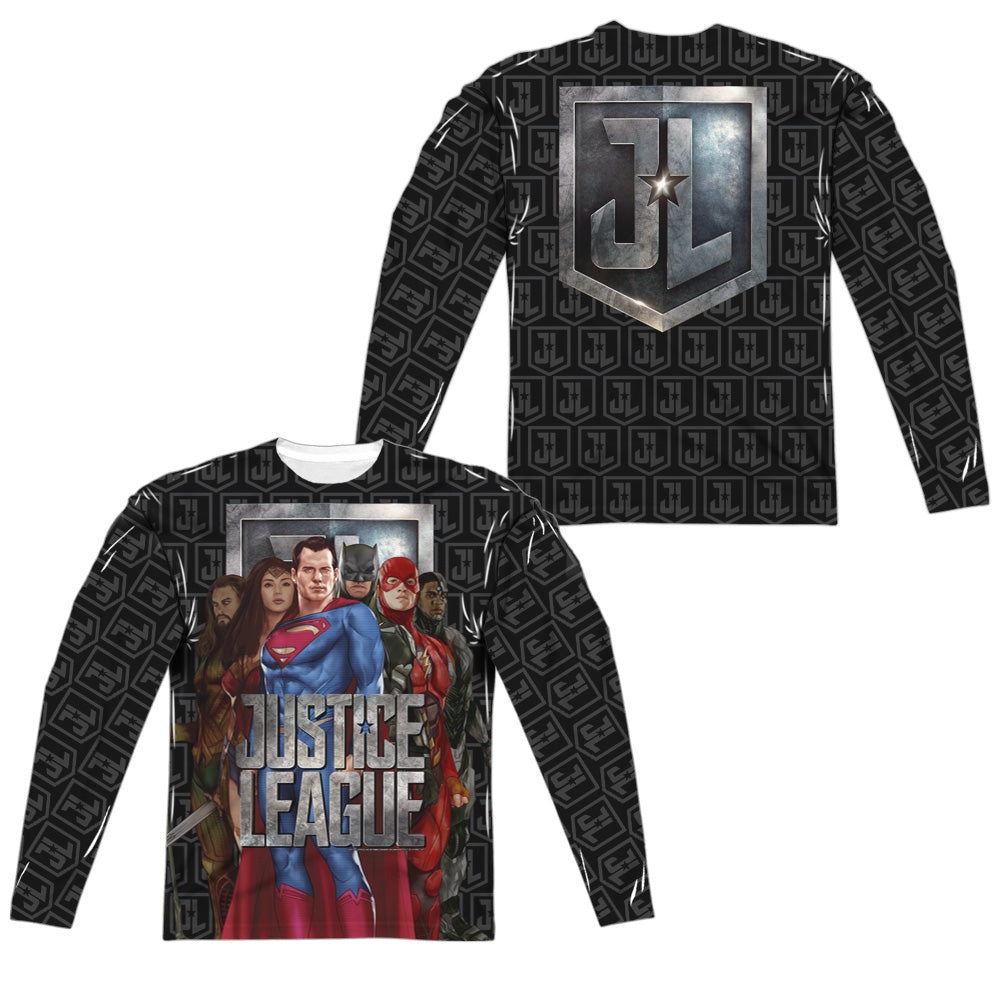 Justice League Movie/the League (front/back Print)-l/s Adult Poly Crew -white