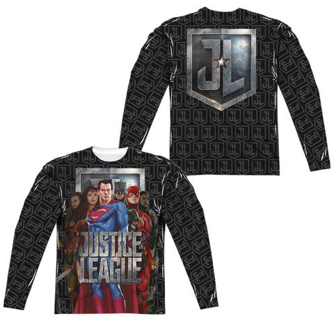 Justice League Movie/the League (front/back Print)-l/s Adult Poly Crew -white