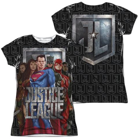 Justice League Movie/the League (front/back Print)-s/s Junior Poly Crew-white