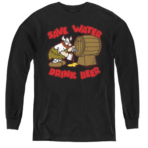Hagar The Horrible/save Water Drink Beer-youth Long Sleeve Tee-black