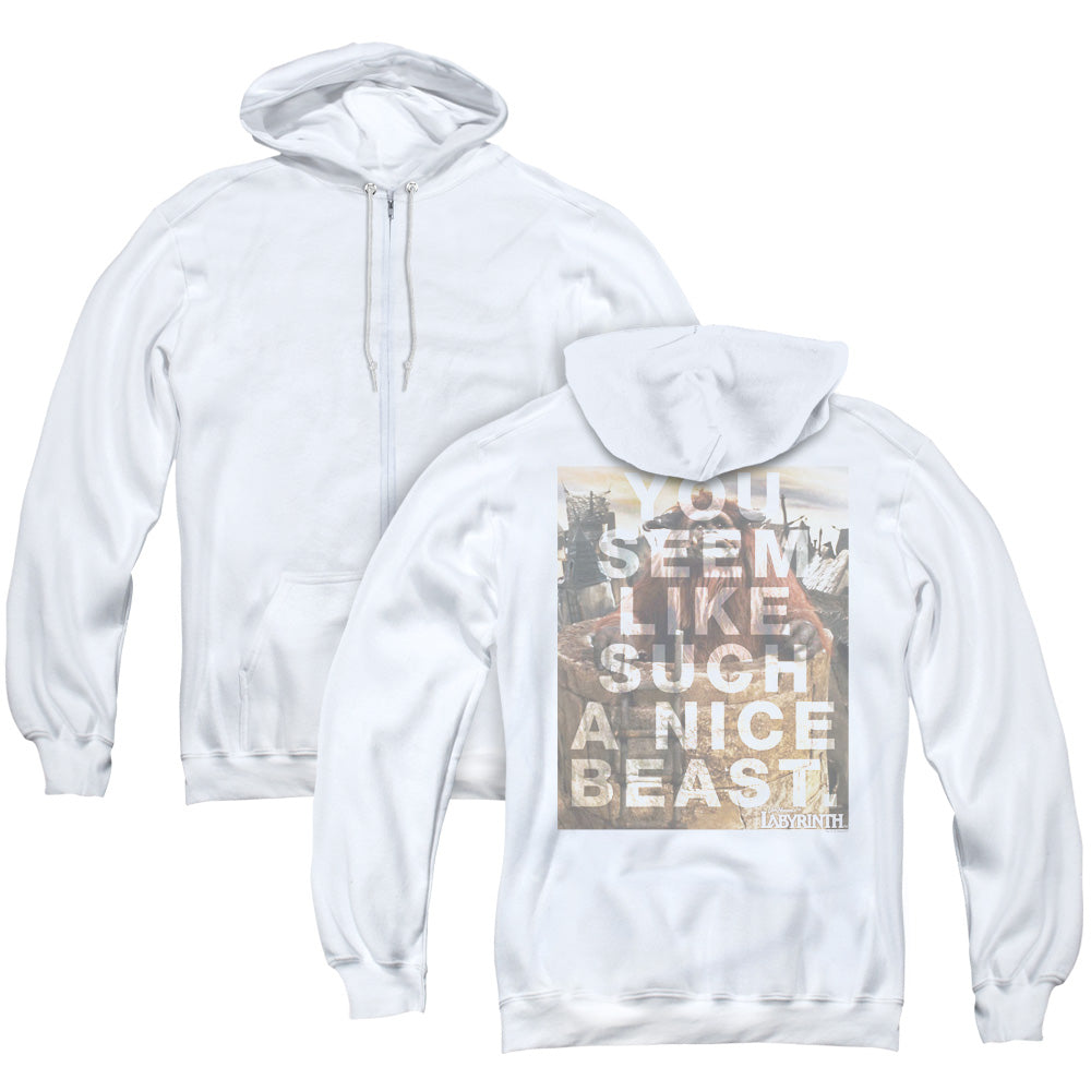 Labyrinth/nice Beast (back Print) - Adult Zipper Hoodie-white
