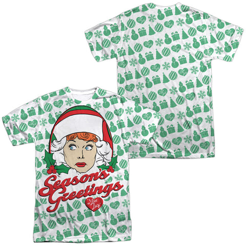 I Love Lucy/holiday Pattern (front/back Print) -  S/s Adult Poly Crew- White