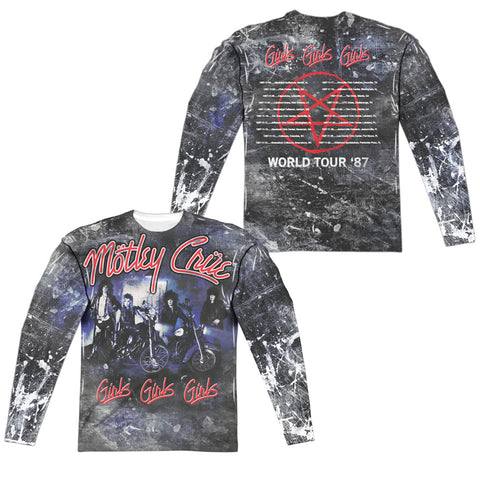 Motley Crue/girls Girls Girls (front/back Print)-l/s Adult Poly Crew -white