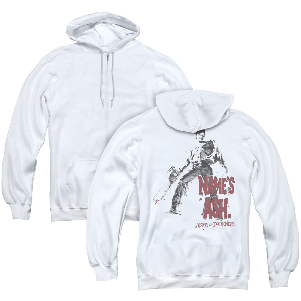 Army Of Darkness/names Ash (back Print) - Adult Zipper Hoodie - White