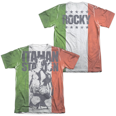 Rocky/stallion (front/back Print)-adult Poly/cotton S/s Tee-white