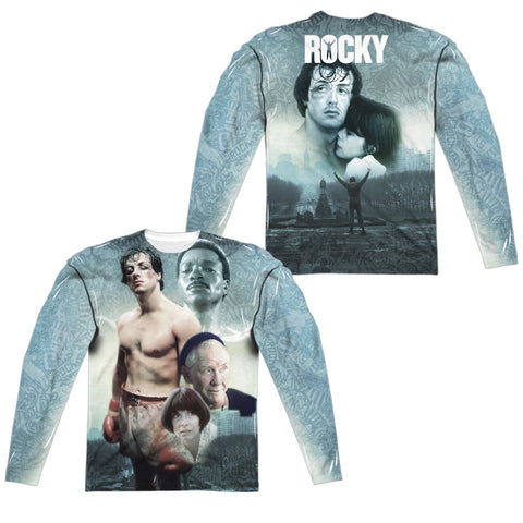 Rocky/montage (front/back Print)-l/s Adult Poly Crew -white