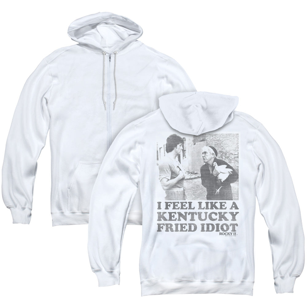Rocky/fried Idiot (back Print) - Adult Zipper Hoodie-white