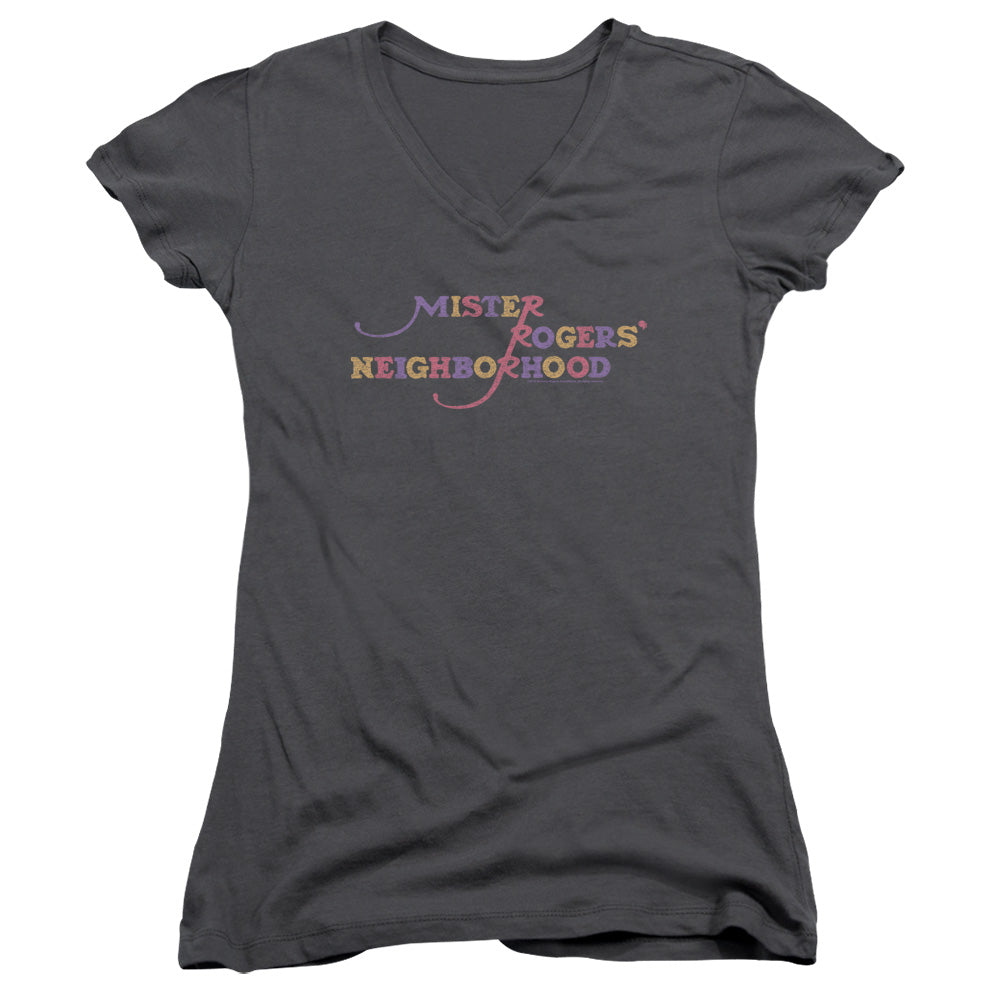 Mister Rogers/colorful Logo-junior V-neck-charcoal-sm