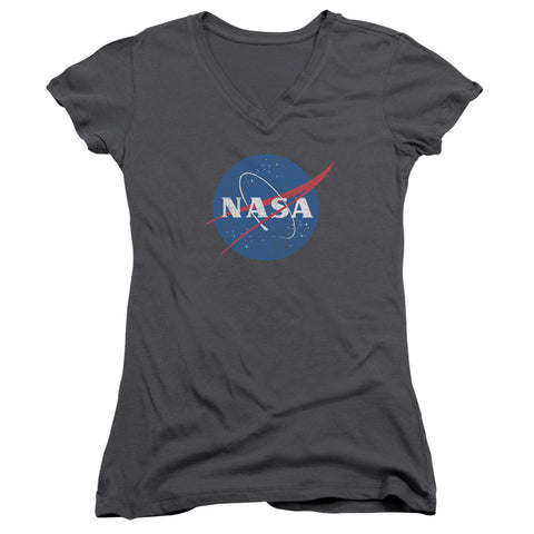 Nasa/meatball Logo Distressed-junior V-neck-charcoal-sm