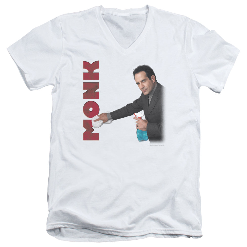 Monk/clean Up - S/s Adult V-neck - White