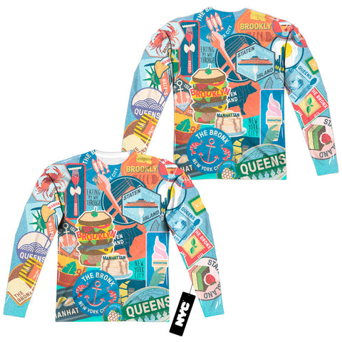 New York City/eating Nyc (front/back Print)-l/s Adult Poly Crew -white