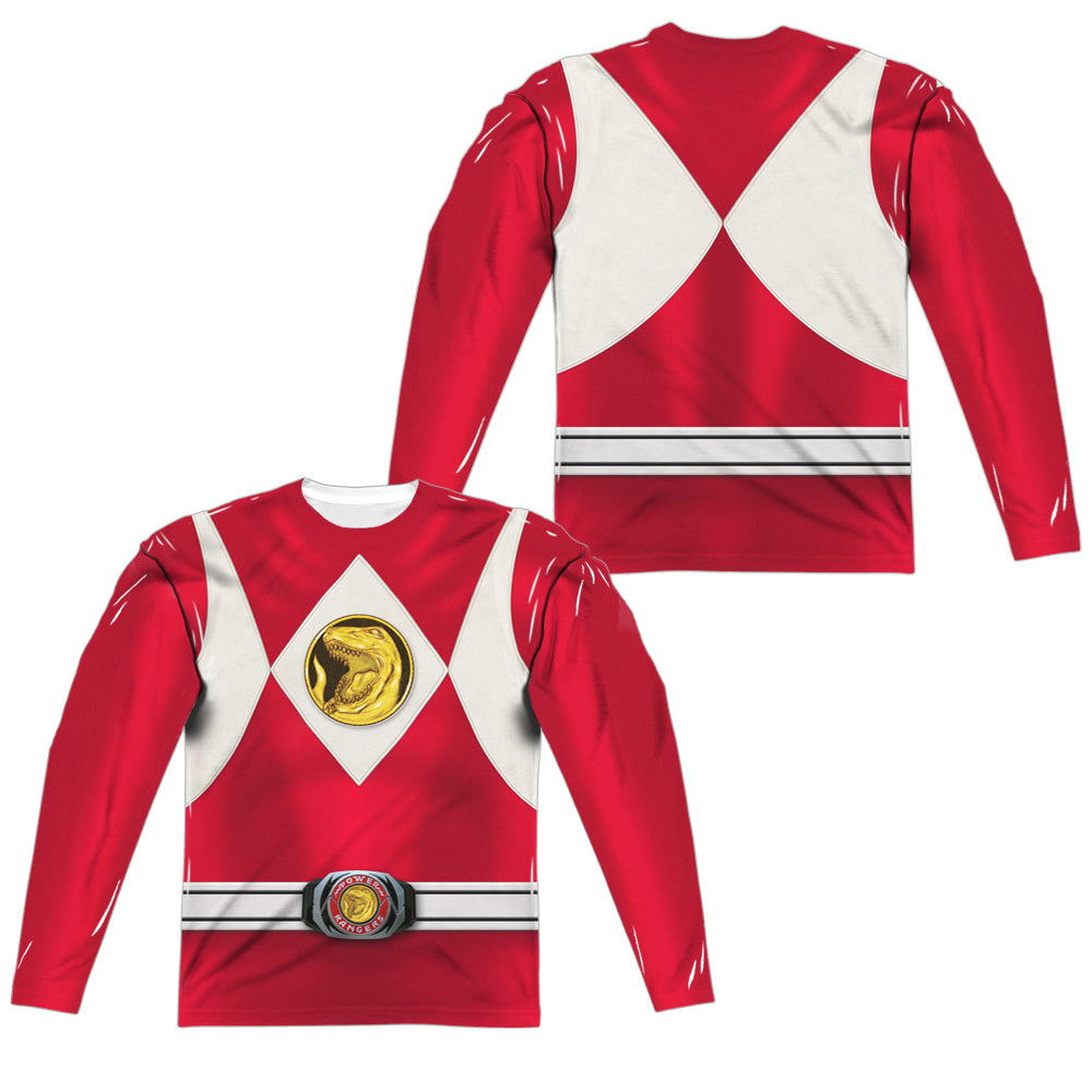 Power Rangers/red Ranger Emblem (front/back Print)-l/s Adult Poly Crew -white