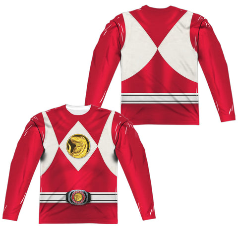 Power Rangers/red Ranger Emblem (front/back Print)-l/s Adult Poly Crew -white