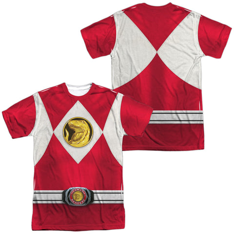 Power Rangers/red Ranger Emblem (front/back Print)-s/s Adult Poly Crew-white