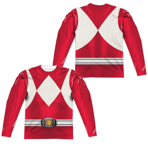 Power Rangers/red Ranger (front/back Print)-l/s Adult Poly Crew -white