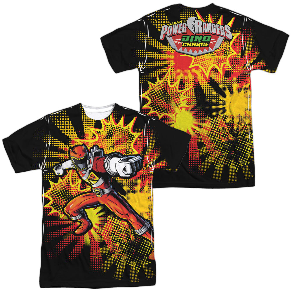 Power Rangers/red Ranger Burst (front/back Print)-s/s Adult Poly Crew-white