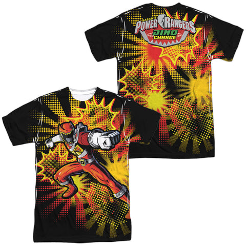 Power Rangers/red Ranger Burst (front/back Print)-s/s Adult Poly Crew-white