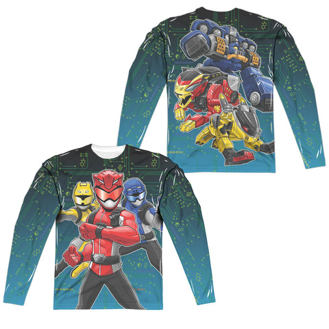 Power Rangers/battle Stance (front/back Print)-l/s Adult Poly Crew -white