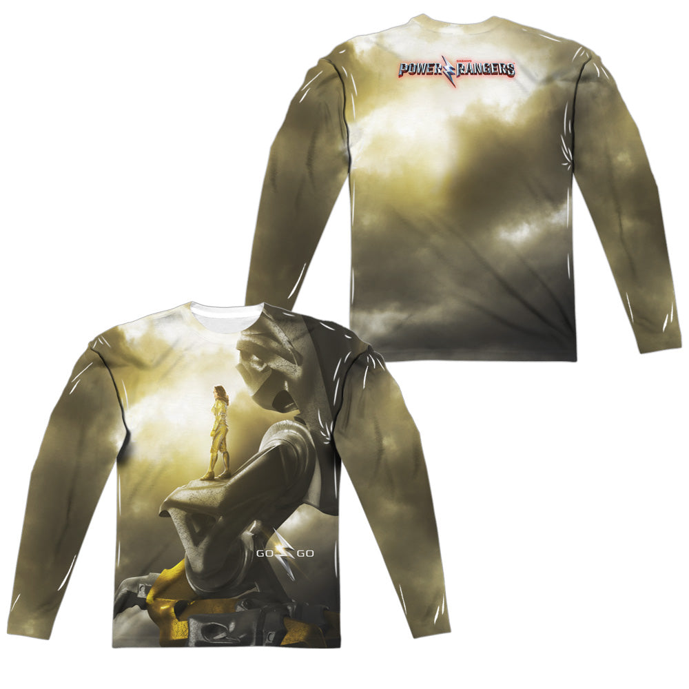 Power Rangers/yellow Zord Poster (front/back Print)-l/s Adult Poly Crew -white