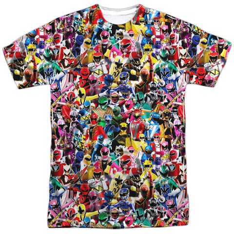 Power Rangers/crowd Of Rangers-s/s Adult Poly Crew-white