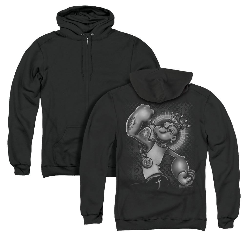 Popeye/spinach King (back Print) - Adult Zipper Hoodie - Black