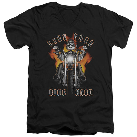 Popeye/ride Hard - S/s Adult V-neck - Black
