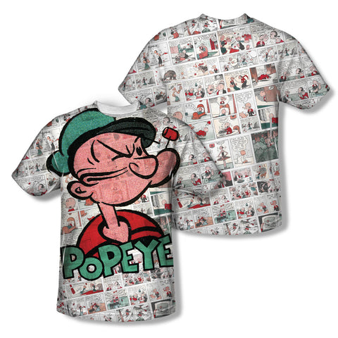 Popeye/comic Strip (front/back Print)-s/s Youth Poly Crew-white