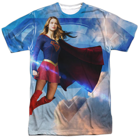 Supergirl/up In The Sky-s/s Adult Poly Crew-white