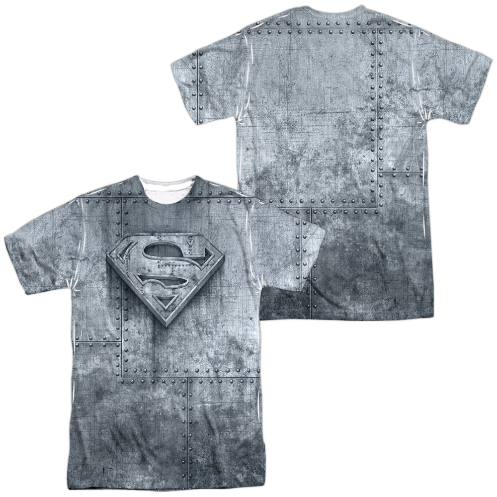 Superman/made Of Steel (front/back Print) -  S/s Adult 100% Poly Crew - White