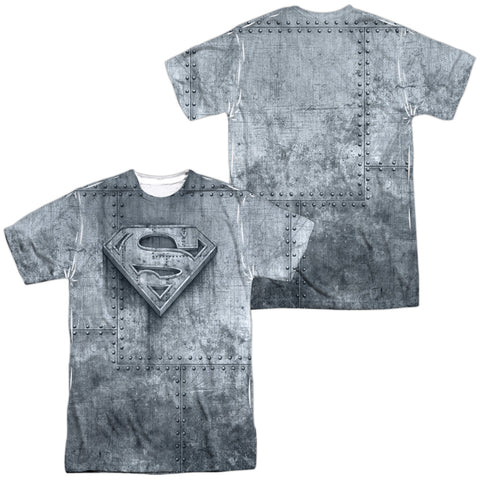 Superman/made Of Steel (front/back Print) -  S/s Adult 100% Poly Crew - White
