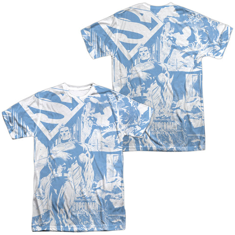 Superman/man Of Steel Collage (front/back Print) -  S/s Adult 100% Poly Crew - White