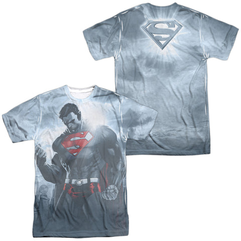 Superman/light Of The Sun (front/back Print) -  S/s Adult 100% Poly Crew - White