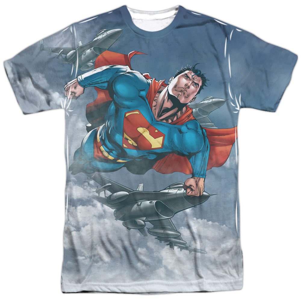 Superman/in The Sky-s/s Adult Poly Crew-white