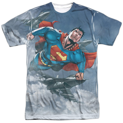 Superman/in The Sky-s/s Adult Poly Crew-white