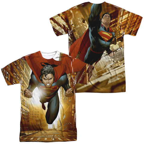 Superman/up Up City (front/back Print)-s/s Adult Poly Crew-white
