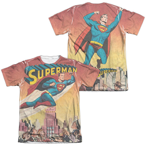 Superman/city Flying (front/back Print)-adult Poly/cotton S/s Tee-white