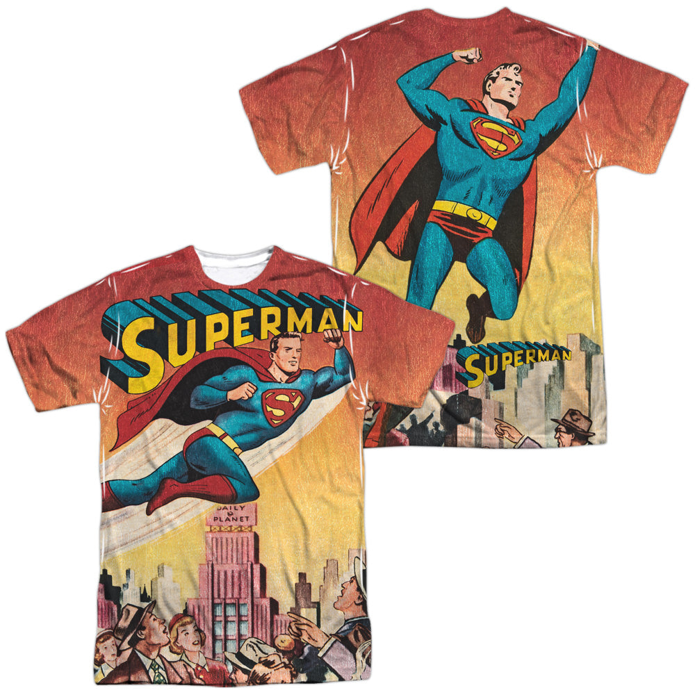 Superman/city Flying (front/back Print)-s/s Adult Poly Crew-white