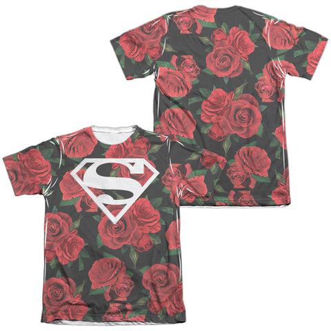 Superman/super Floral (front/back Print)-adult Poly/cotton S/s Tee-white