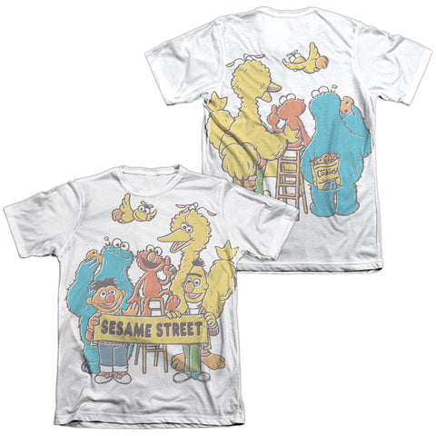 Sesame Street/block Party (front/back Print)-adult Poly/cotton S/s Tee-white