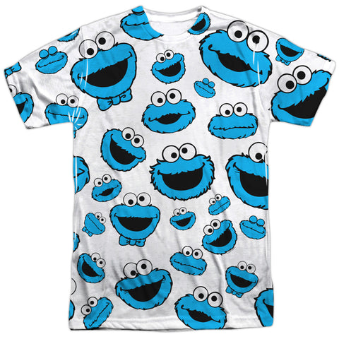 Sesame Street/cookie Face Pattern-s/s Adult Poly Crew-white