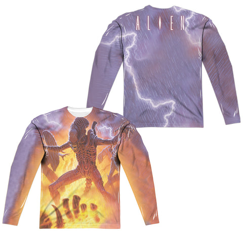 Alien/lightning And Fire (front/back Print)-l/s Adult Poly Crew -white