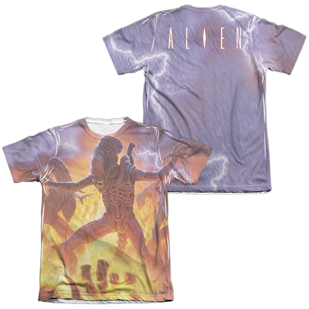 Alien/lightning And Fire (front/back Print)-adult Poly/cotton S/s Tee-white