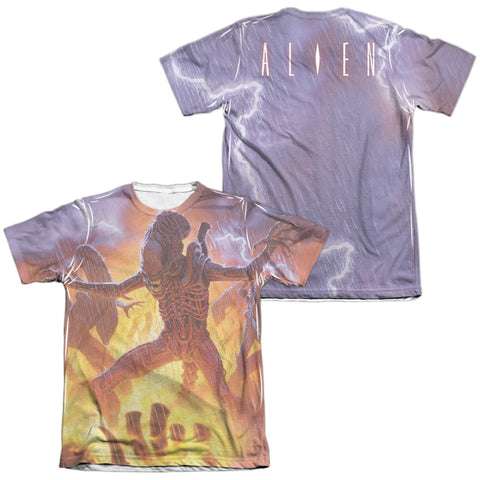 Alien/lightning And Fire (front/back Print)-adult Poly/cotton S/s Tee-white